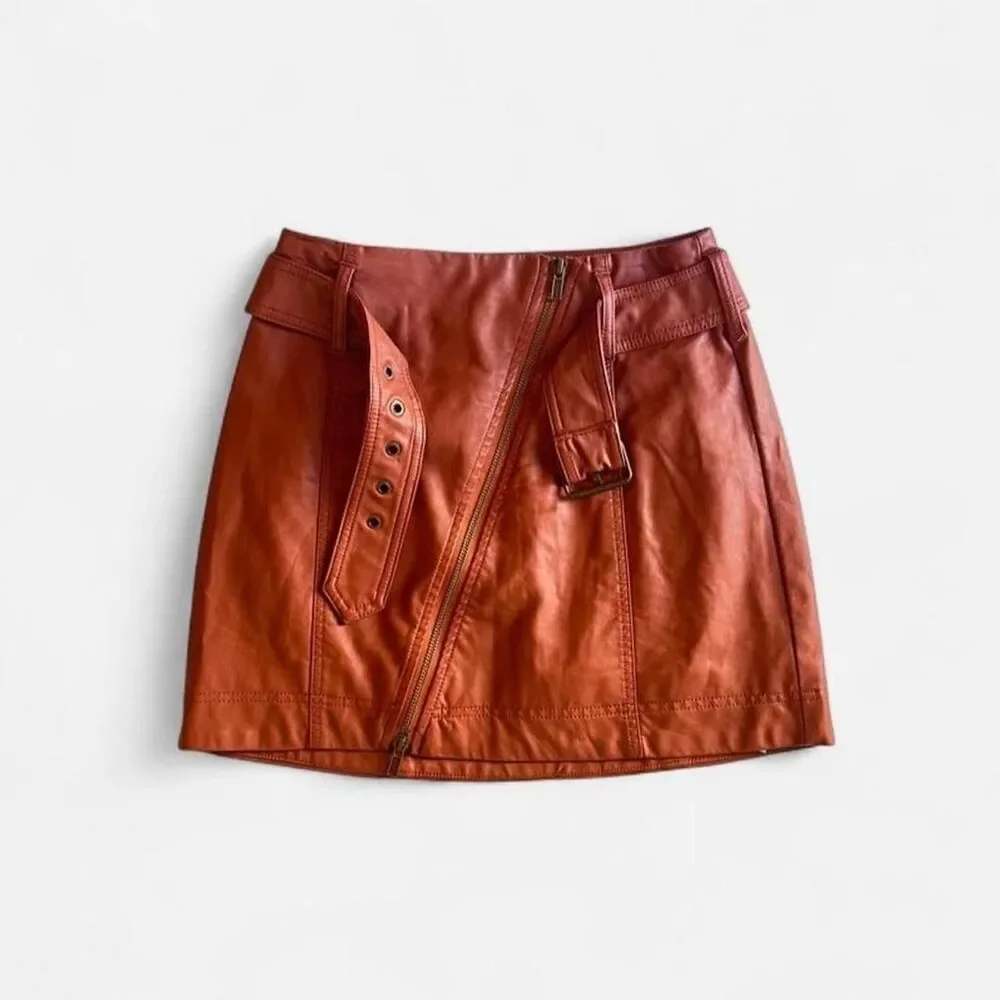 Free People Women's High-Waist Boho Western Brown/Rust Moto Mini Skirt Size 0